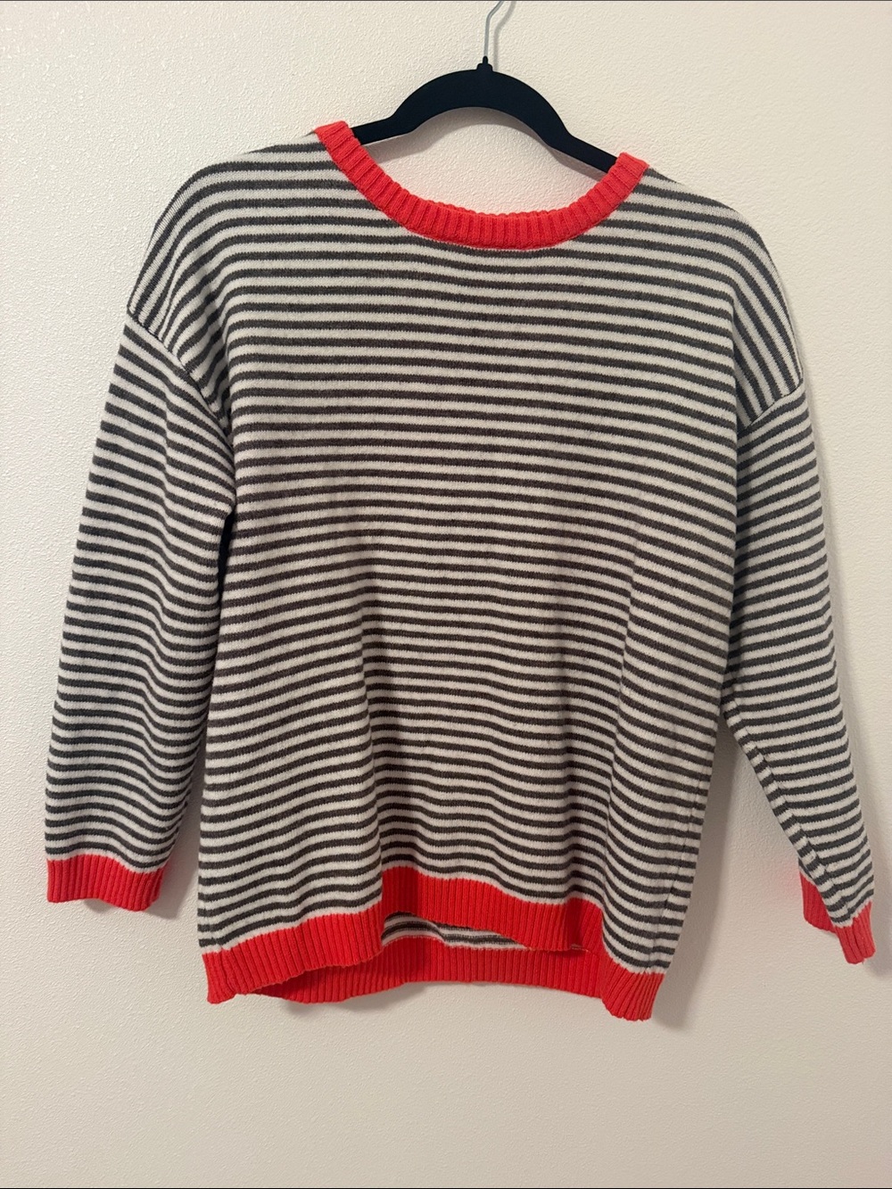 Striped Crewneck Sweater with Coral Trim